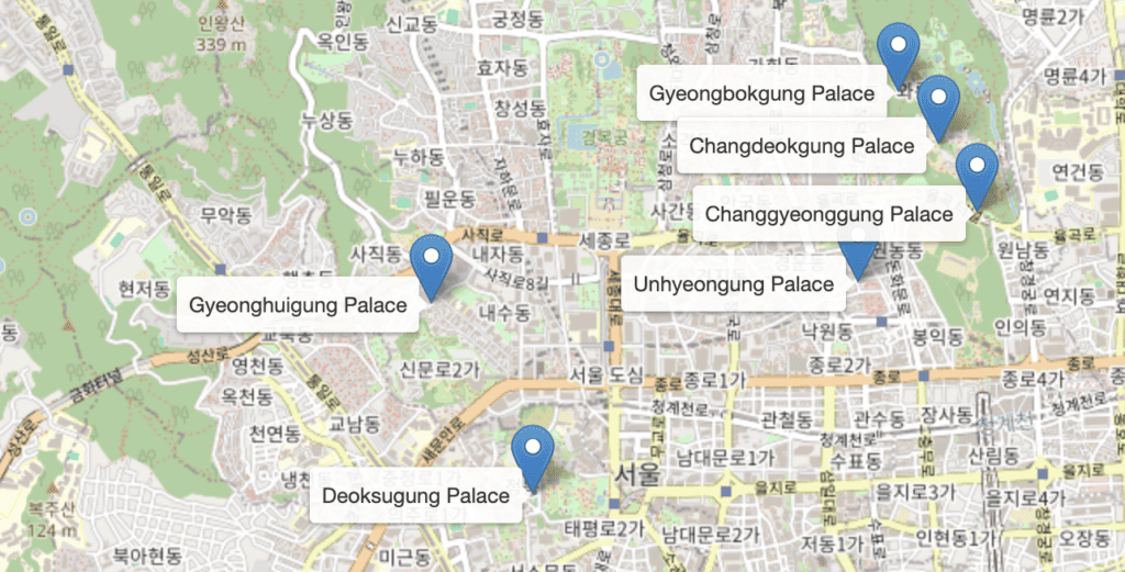 Bản đồ xanh và trắng của Bản đồ Cung điện Seoul ở Hàn Quốc